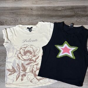 Forever 21 Cream Floral Tee & Black Star Patch Tank size S girl